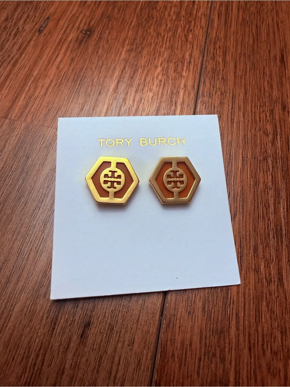 Tory Burch Gold and Brown Hexagon Logo Earrings